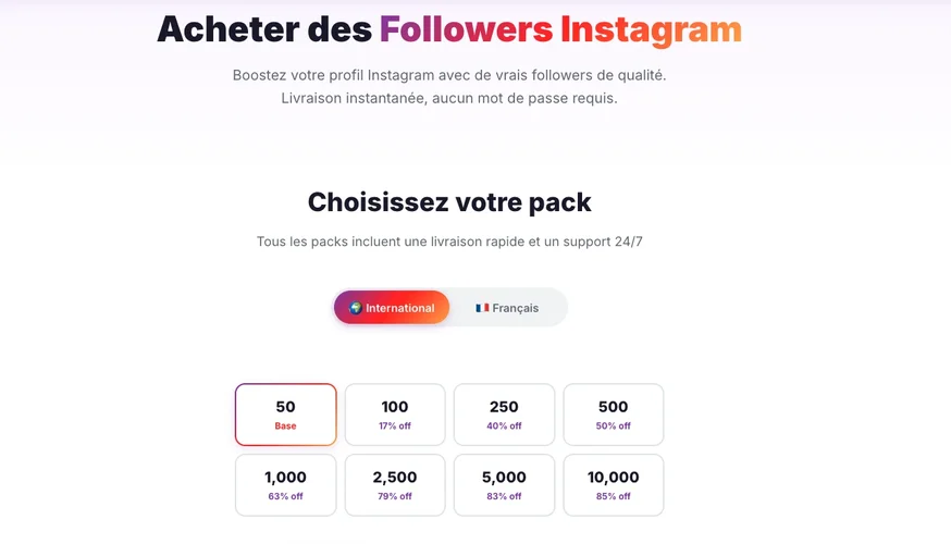 Opzioni per comprare followers Instagram su Followers Lab